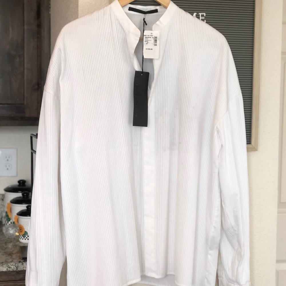 Haider Ackermann oversized, white, pleated, designer, band collar shirt
